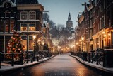 Fototapeta Uliczki -  a snowy street with a lit christmas tree in the middle of the street and buildings on both sides of the street.
