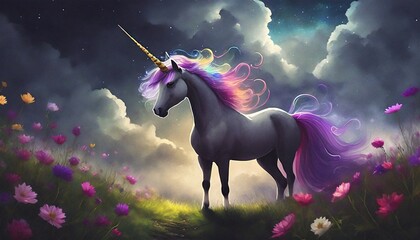 Wall Mural - illustrated unicorn in a meadow with a dramatic sky 