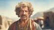 Photorealistic Old Latino Man with Blond Curly Hair retro Illustration. Portrait of a person in ancient aesthetics. Historic movie style Ai Generated Horizontal Illustration.
