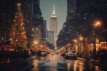  A City Street At Christmas Time With A Christmas Tree In The Foreground And A Tall Building In The Background.