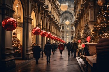 Wall Mural -  a group of people walking down a street with christmas decorations on both sides of the street and a christmas tree on the other side of the street.