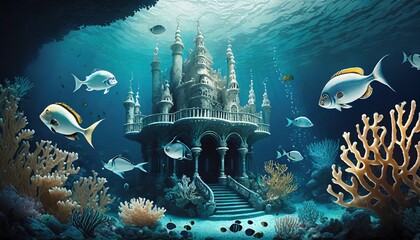 Wall Mural - castle on sea surface with fish and seaweed 