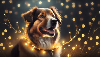 Canvas Print - dog with Christmas yellow lighting 