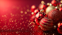 Christmas Banner With Red And Gold Balls On Red Background  Generative Ai