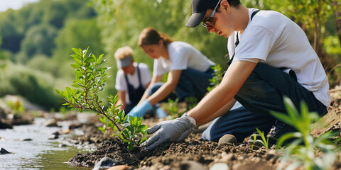 A volunteer man plants a tree along a stream to prevent erosion. The concept of ecology, environmental protection.
