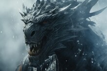  A Close Up Of A Dragon With Its Mouth Open And It's Teeth Wide Open, In The Snow.