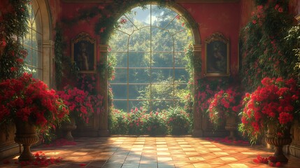 room with large windows and flowers. Generative AI