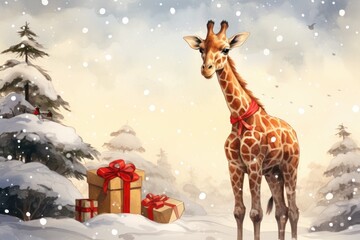 Wall Mural -  a painting of a giraffe standing in the snow next to a christmas tree with presents in front of it.