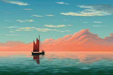 Wall Mural -  a boat floating on top of a body of water under a cloudy sky with a red sailboat in the foreground.