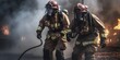 © Ruslan Shevchenko - Strong and brave firefighters extinguish a fire. Generative AI. Dramatic silhouette of firefighter in full gear exploring the huge fire zone. Lifeguards with fire hoses in smoke and fire. Fire