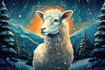  a painting of a white sheep in a snowy landscape with pine trees and a full moon in the night sky.