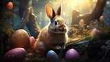 Easter bunny and colored eggs in magic fairy tale forest. Spring holiday season. AI Generated