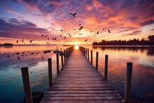  A Dock With Birds Flying Over The Water And The Sun Setting In The Distance With A Pink And Blue Sky.