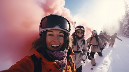 Joyful group takes a selfie on a snowy mountain trail with vibrant skies