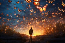  A Man Standing In The Middle Of A Field With A Lot Of Butterflies In The Sky Above Him And A Man Standing In The Middle Of The Field.