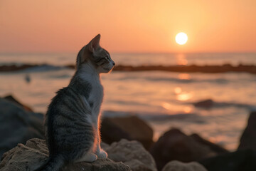 Wall Mural - A cat sits on rocks in the background at sunset in Surfers beach in Ashdod 