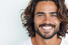 Closeup Photo Portrait Of A Handsome Latino Man Smiling With Clean Teeth. For A Dental Ad