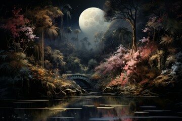 Sticker - Tranquil moonlit gardens, blooming with exotic flowers and serenity under the moon's gentle gaze - Generative AI