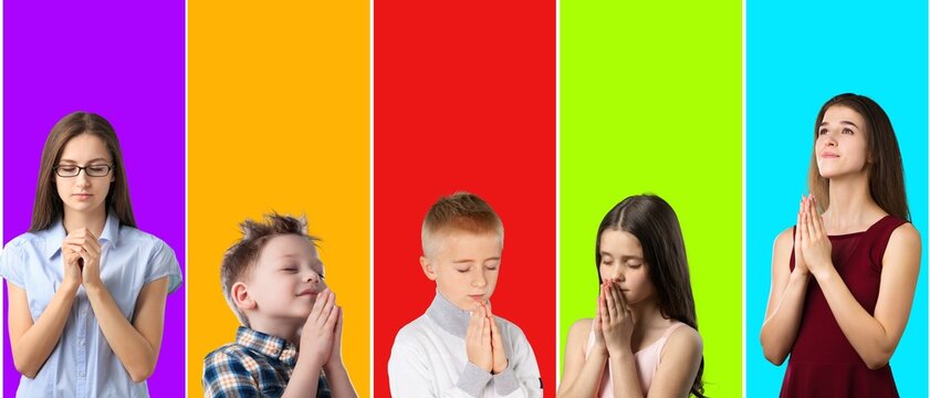 Set of many praying people on color background
