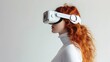 © DVS - Red haired Woman wearing VR headset, side view, white backgroundwoman, red hair, white turtleneck, wearing Apple Vision vr headset, side view, photorealistic, white background