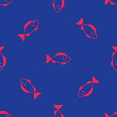 Wall Mural - Red Fish icon isolated seamless pattern on blue background. Vector