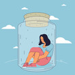 Sad depressed woman locked inside glass jar