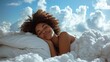 © MiguelAngel - Young black woman sleeping among cottony clouds, deep and restful sleep concept.