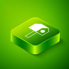 Wall Mural - Isometric Bird house icon isolated on green background. Nesting box birdhouse, homemade building for birds. Green square button. Vector