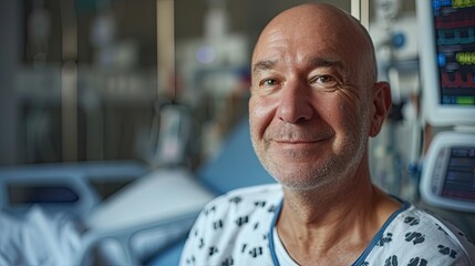 Canvas Print - Smiling bald man after chemotherapy treatment in hospital room 