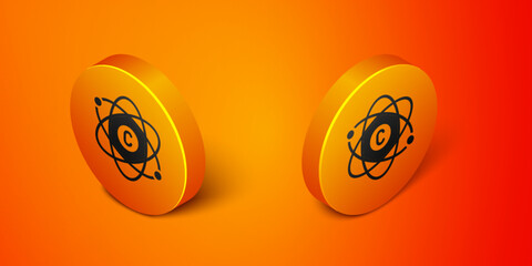 Canvas Print - Isometric Atom icon isolated on orange background. Symbol of science, education, nuclear physics, scientific research. Orange circle button. Vector