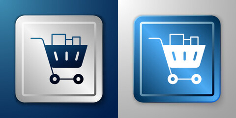 Canvas Print - White Shopping cart and food icon isolated on blue and grey background. Food store, supermarket. Silver and blue square button. Vector