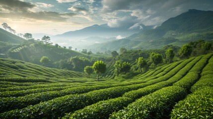 Terraced tea fields at dawn with soft light. Tea Plantation. Perfect for postcards, agricultural business presentations, or wellness and tranquility themes. Can be featured in tea product packaging