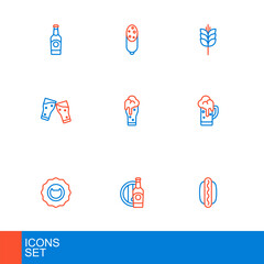 Sticker - Set line Hotdog sandwich, Beer bottle wooden barrel, Bottle opener, Glass of beer, Wheat and Salami sausage icon. Vector