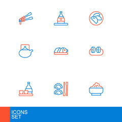 Canvas Print - Set line Rice in a bowl, Dumpling with chopsticks, Bottle of sake, Sushi, Traditional tea ceremony, Fish sliced pieces, and icon. Vector