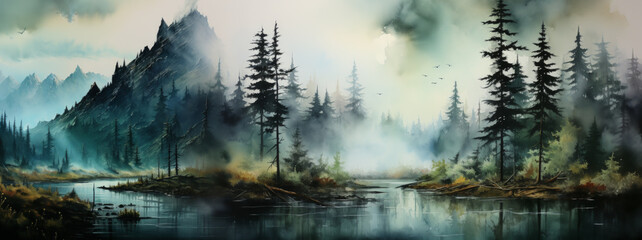 Wall Mural - Amazing mystical fog forest landscape