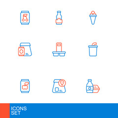 Canvas Print - Set line Online ordering food, Soda can, Paper glass with water, Coffee cup to go, Ice cream waffle and Sauce bottle icon. Vector