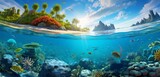 Fototapeta Do akwarium - Mesmerizing vibrant coral atoll teeming with marine life beneath the clear tropical waters.