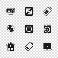 Poster - Set Battery charge, Washer, Laptop, Power button, Electrical outlet, No lightning and Global planet with thunderbolt icon. Vector