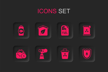 Poster - Set CO2 emissions in cloud, Eco friendly house, nature leaf battery, Infectious waste, Radioactive barrel, Shield with, Bio fuel canister and Water mill icon. Vector