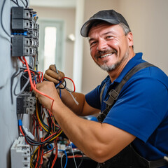 Smiling electrician repairs the wiring in the house Job ID: cf138061-8833-4cc5-bf61-4ca0d8d8b984