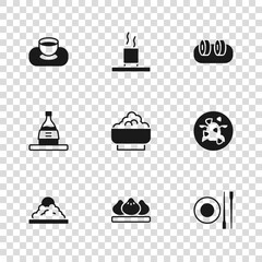 Sticker - Set Dumpling, Kung Pao chicken, Food chopsticks with plate, Rice bowl, Sushi, Soy sauce, Cup of tea and Bottle sake icon. Vector