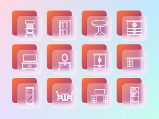 Poster - Set line Chest of drawers, Table with chair, Wardrobe, Office desk, Dressing table, Round, Chair and icon. Vector