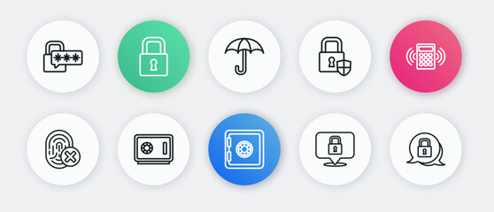 Poster - Set line Safe, Security keypad access panel, Cancelled fingerprint, Lock, Shield security with lock, Umbrella, and icon. Vector