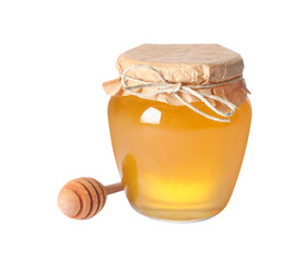 Wall Mural - tasty natural honey in glass jar and dipper isolated on white