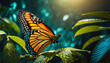Piękny motyl na liściu, generative ai