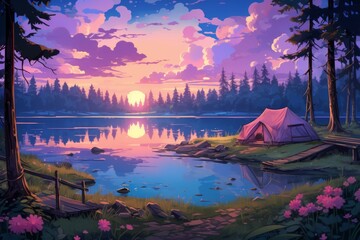 Wall Mural - Serene twilight lakes - Generative AI