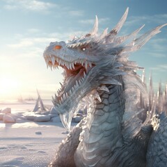 Poster - digital illustration of a dragon in the snow created with Generative AI