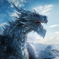 Poster - digital illustration of a dragon in the snow created with Generative AI