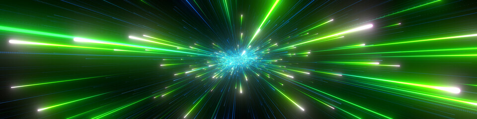 Wall Mural - abstract background in green and blue neon glow color. speed of light in galaxy. explosion in univer