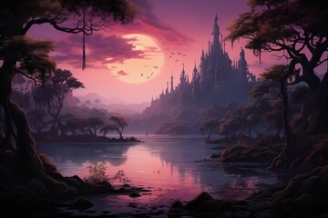 Wall Mural - Serene twilight lakes - Generative AI